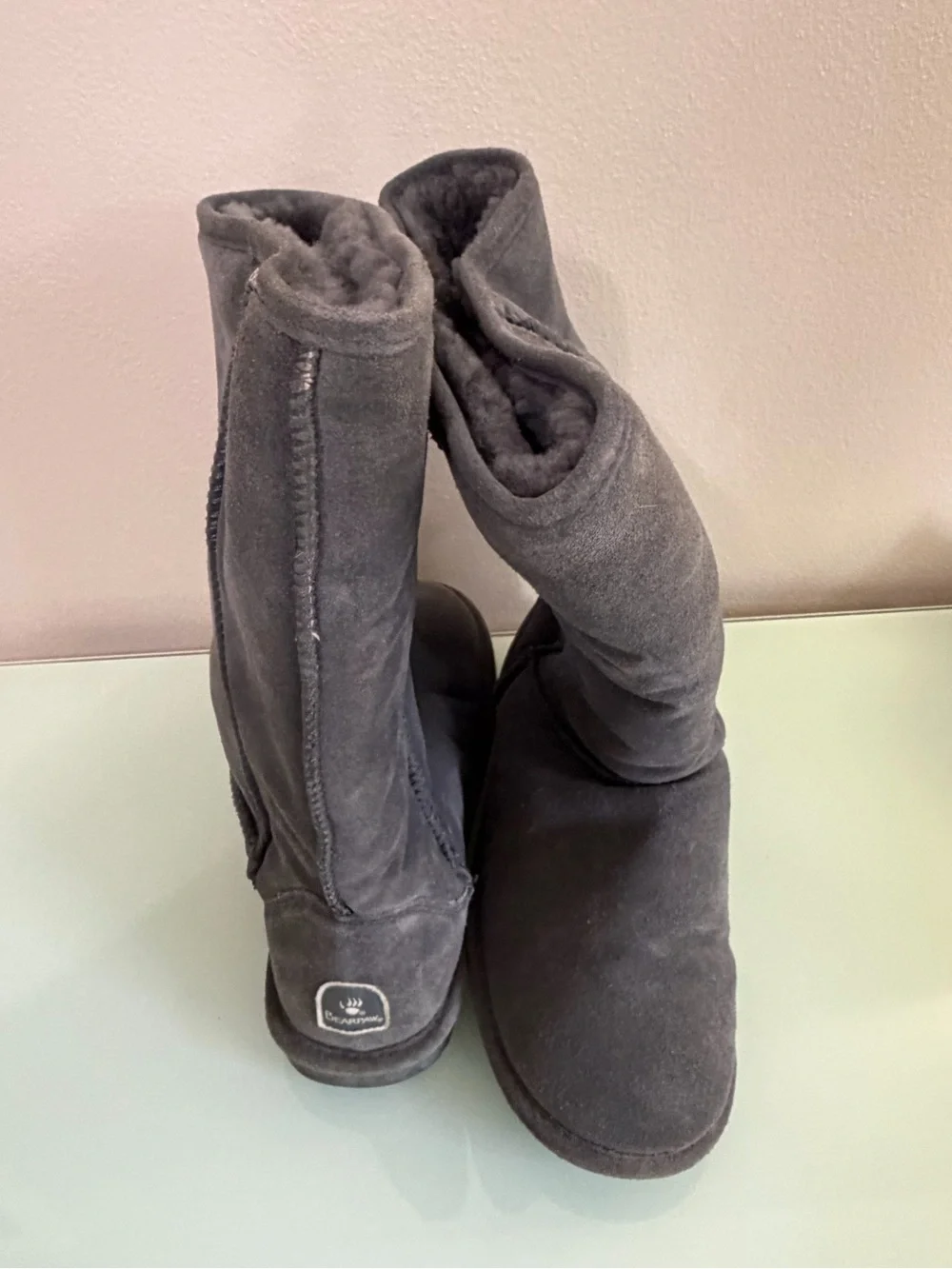 BearPaw Charcoal Gray Suede Shearling Mid-Calf Boots